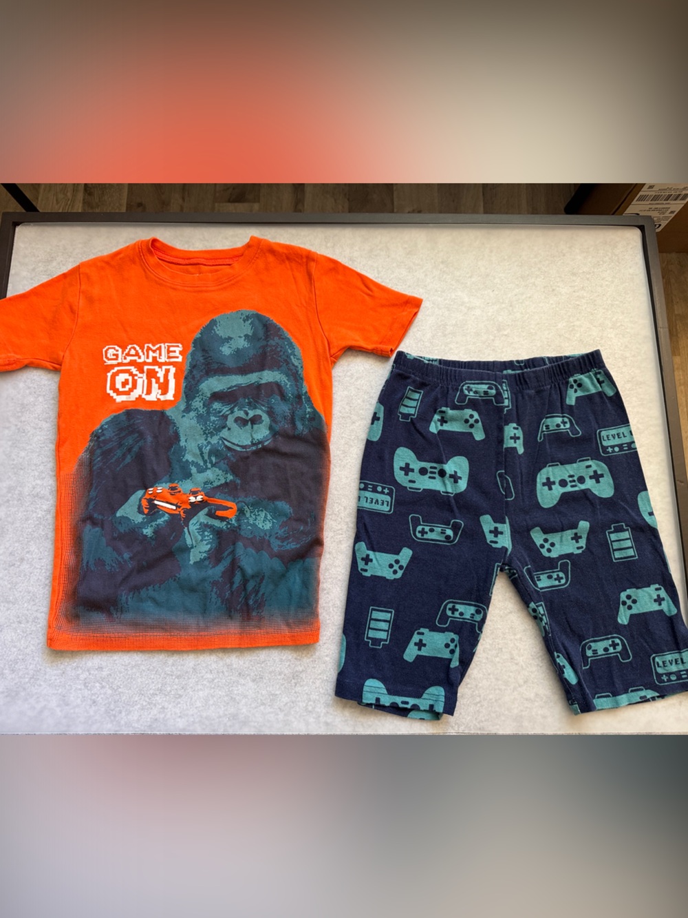 Carter kids pjs. Orange 'Game On' Gorilla Tee & Navy Gamer Shorts Set. Size 12